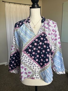 LOFT Petites Patchwork Boho Blouse Linen Blend Paisley Floral Size SP